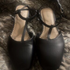 Tahari Black T-Strap Mules with Square Toe